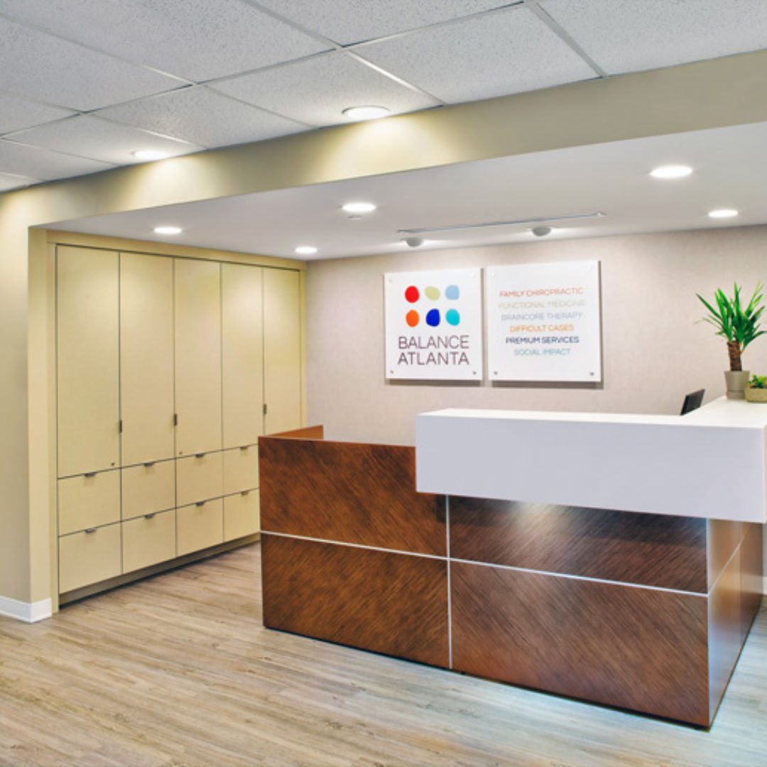 A beautiful front desk with recessed lighting